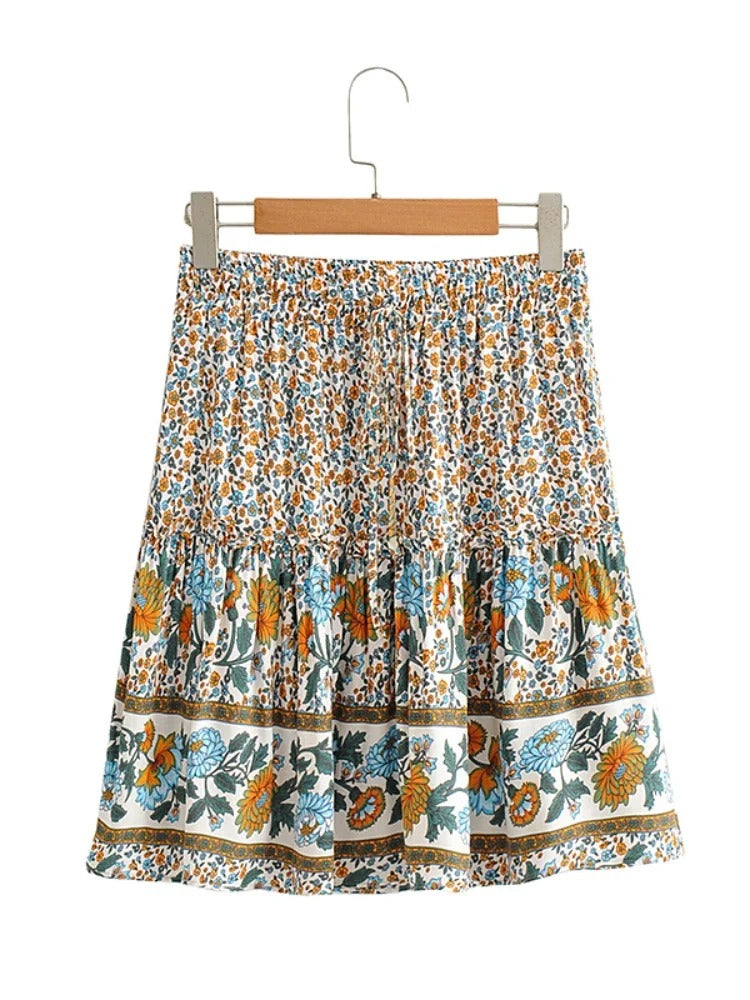 Vintage Chic Fashion Women Floral Print Beach Bohemian Pleated Skirts Elegant Bottoms Rayon Cotton Ruffles Boho Mini Skirt