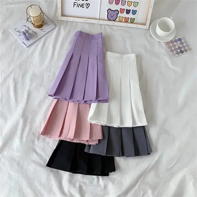2025 Solid Color Dopamine Girl Style Short Skirt for Summer Women, High Waist A-line Short Skirt, College Style pleated Skirt