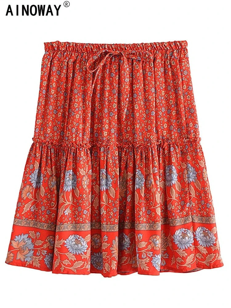 Vintage Chic Fashion Women Floral Print Beach Bohemian Pleated Skirts Elegant Bottoms Rayon Cotton Ruffles Boho Mini Skirt