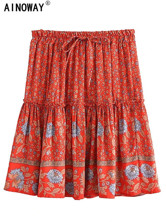 Vintage Chic Fashion Women Floral Print Beach Bohemian Pleated Skirts Elegant Bottoms Rayon Cotton Ruffles Boho Mini Skirt