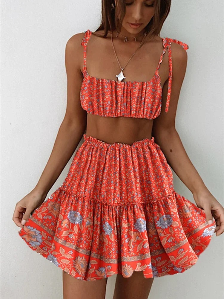 Vintage Chic Fashion Women Floral Print Beach Bohemian Pleated Skirts Elegant Bottoms Rayon Cotton Ruffles Boho Mini Skirt
