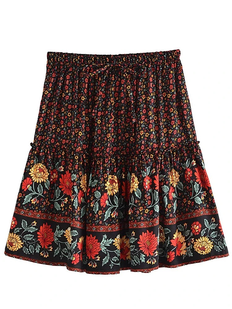 Vintage Chic Fashion Women Floral Print Beach Bohemian Pleated Skirts Elegant Bottoms Rayon Cotton Ruffles Boho Mini Skirt
