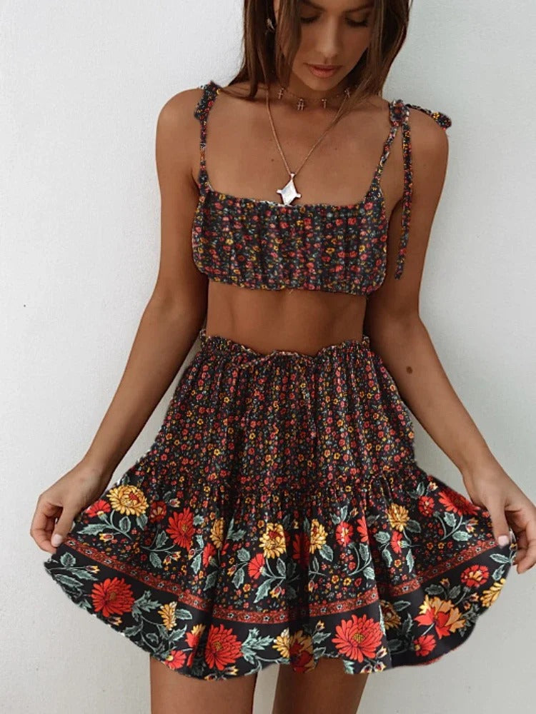 Vintage Chic Fashion Women Floral Print Beach Bohemian Pleated Skirts Elegant Bottoms Rayon Cotton Ruffles Boho Mini Skirt