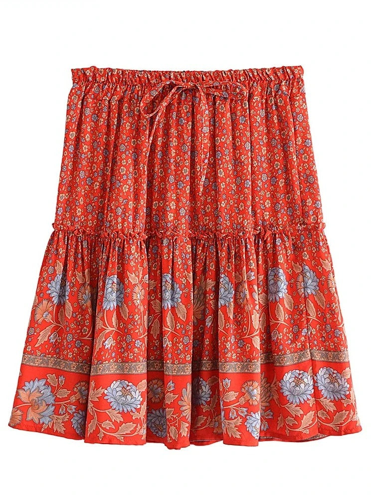 Vintage Chic Fashion Women Floral Print Beach Bohemian Pleated Skirts Elegant Bottoms Rayon Cotton Ruffles Boho Mini Skirt