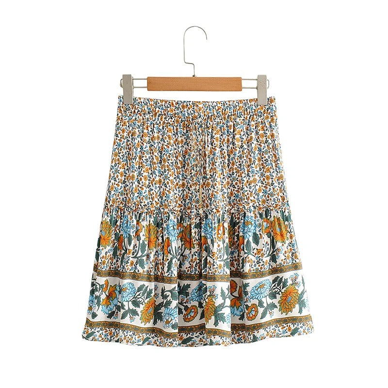 Vintage Chic Fashion Women Floral Print Beach Bohemian Pleated Skirts Elegant Bottoms Rayon Cotton Ruffles Boho Mini Skirt